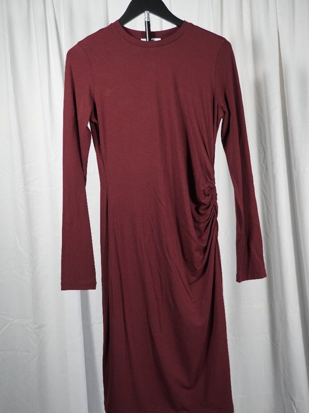 Vince Burgundy Long Sleeve Midi Dress Ruched Side Stretch Knit Women’s Size S
